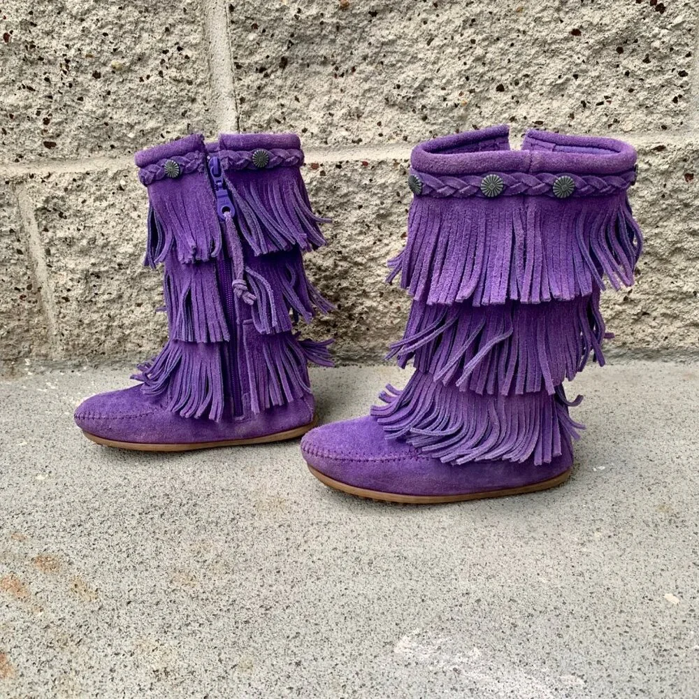 MINNETONKA Purple Fringe Boots Girls 12 Toddler Girl Boho Hippy Moccasin Boot - Picture 3 of 11